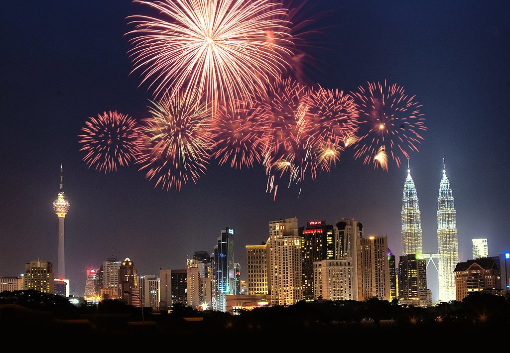 Merdeka Fireworks 2025 in Malaysia - Kuala Lumpur skyline with fireworks
