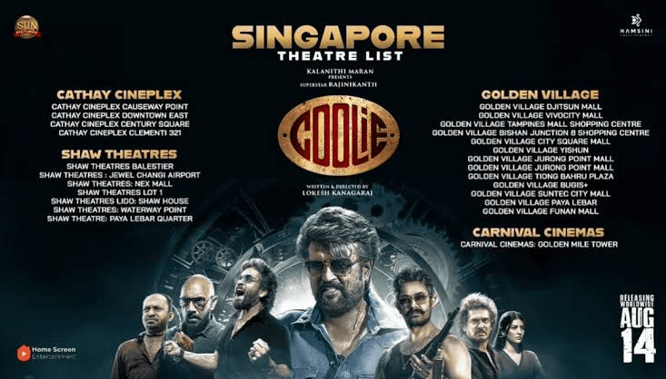 Rajinikanth’s Coolie Singapore Theatre List Announced – Full Cinema Schedule for August 14 Release
