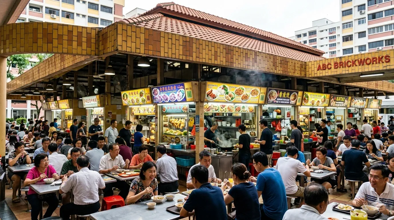 generate feature image for blog post with 1200x675px or bigger size with ABC Brickworks Market singapore"image without tittle.